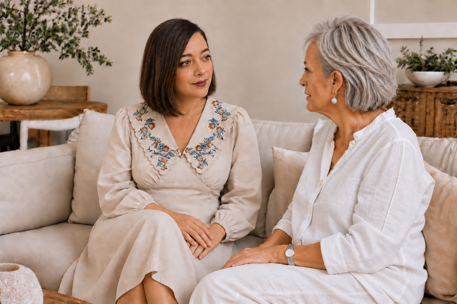 Nessa listening attentively during a relaxed conversation with an older woman